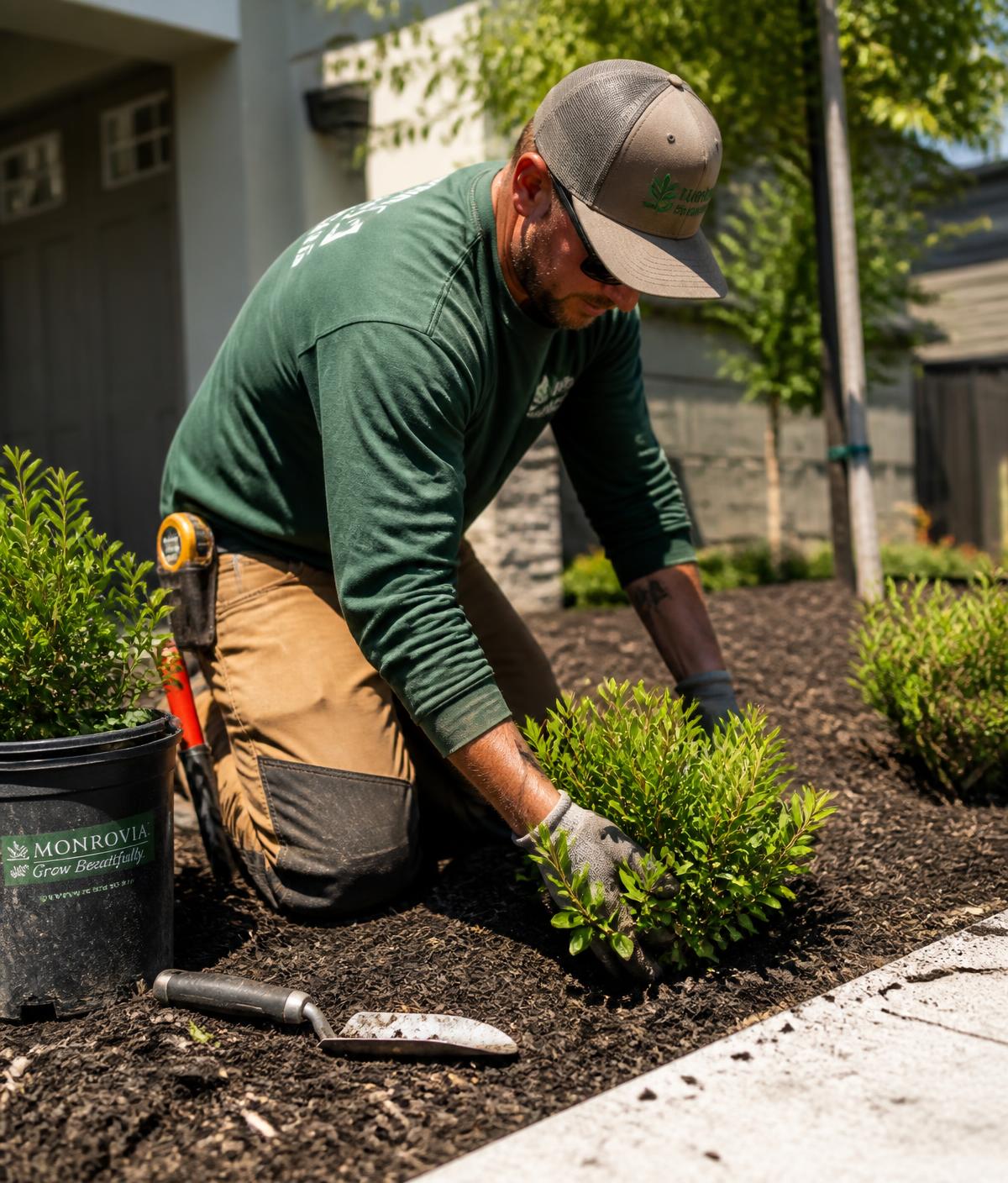 Ramiro Lugo's crew planting shrubs in a freshly mulched landscape bed
