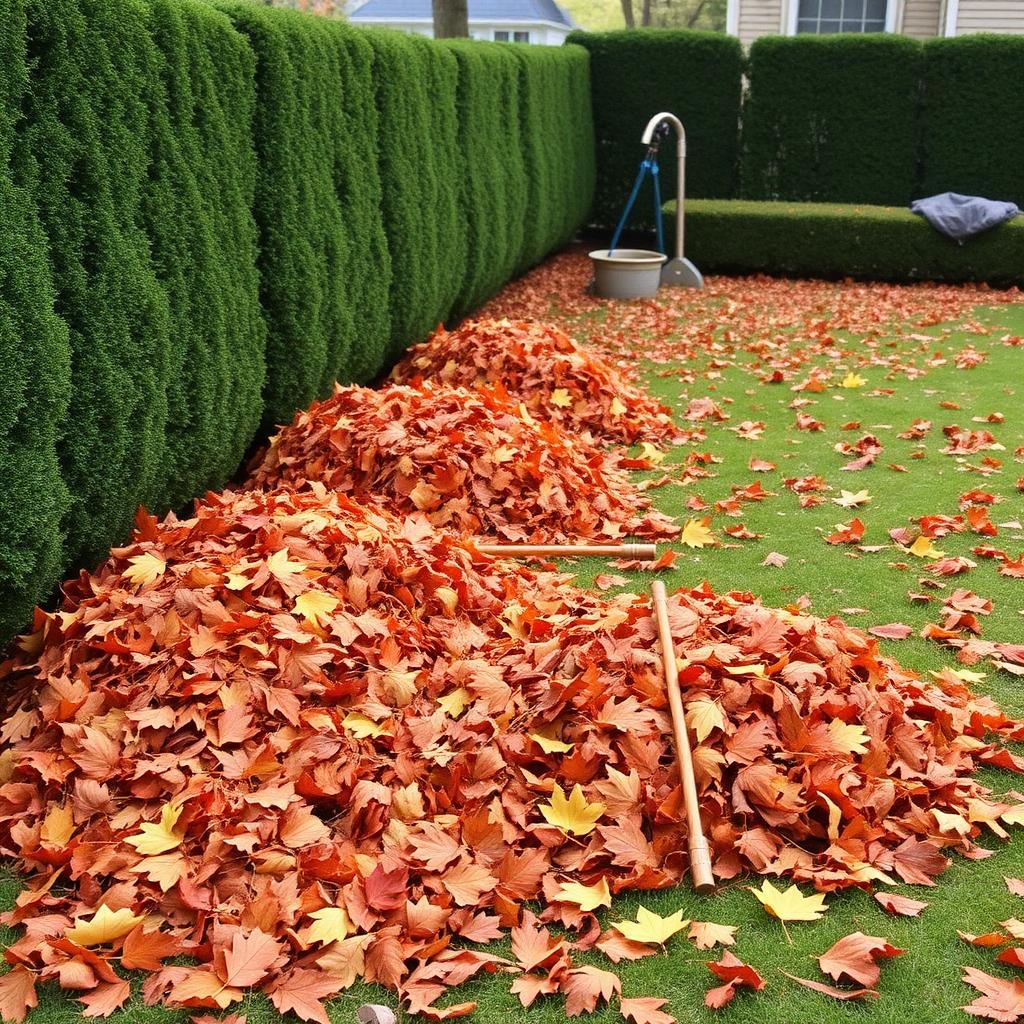 Fall yard cleanup with raked leaf piles and trimmed hedges