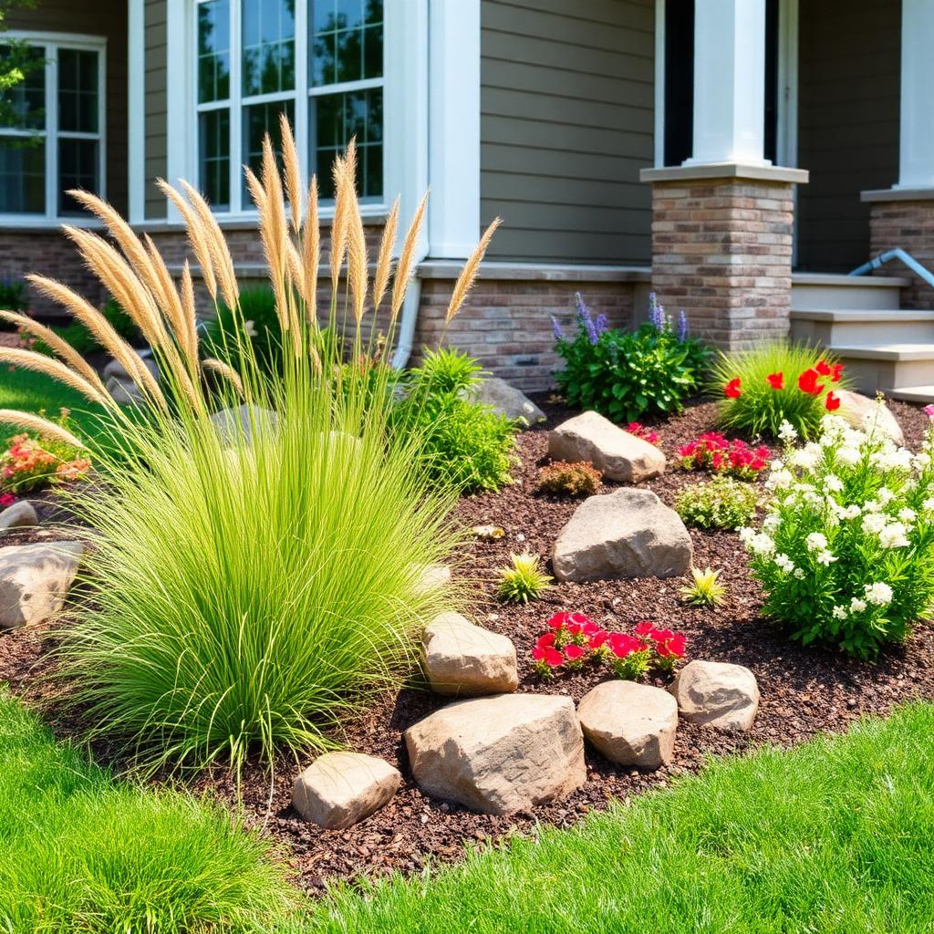 Landscape design with ornamental grasses, boulders and perennials