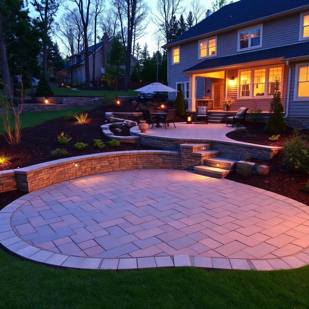 Paver patio and stone retaining wall hardscaping in a landscaped backyard