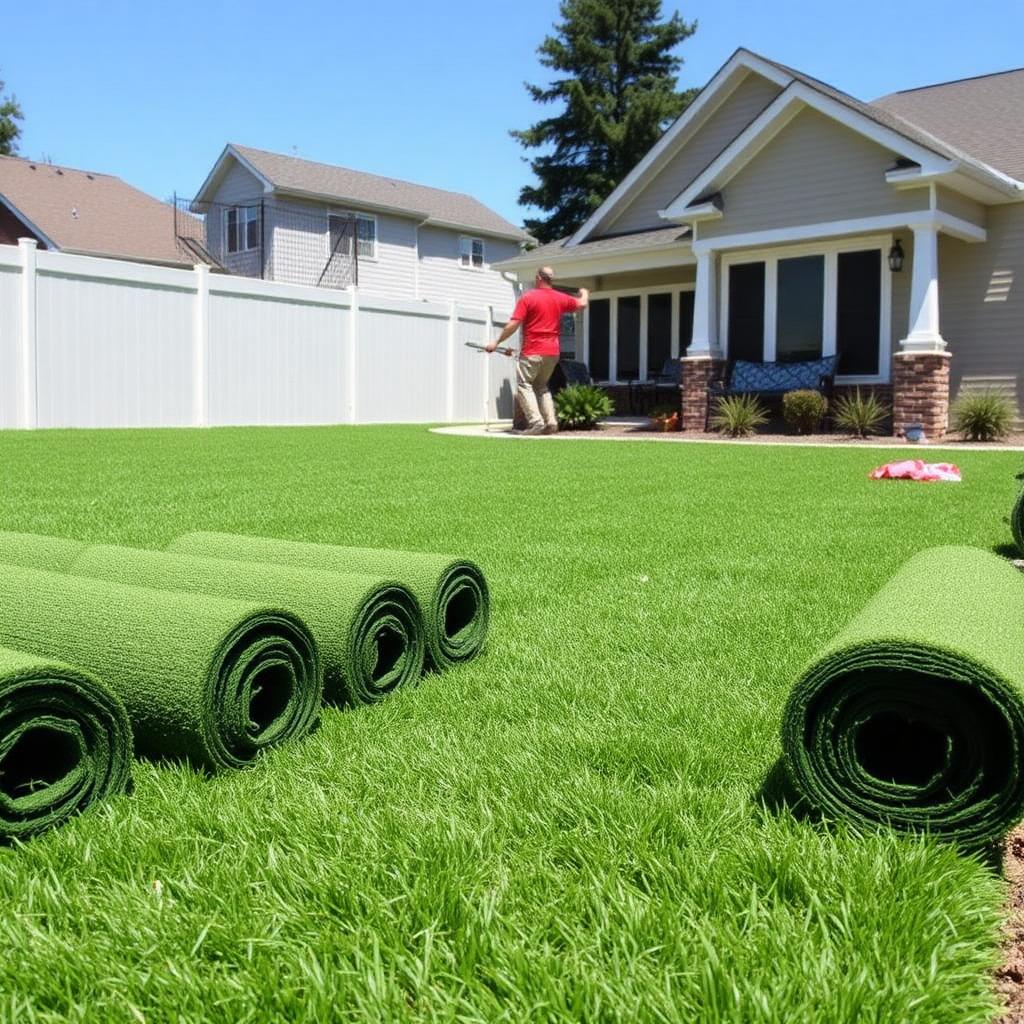 New sod lawn installation in progress on a residential property